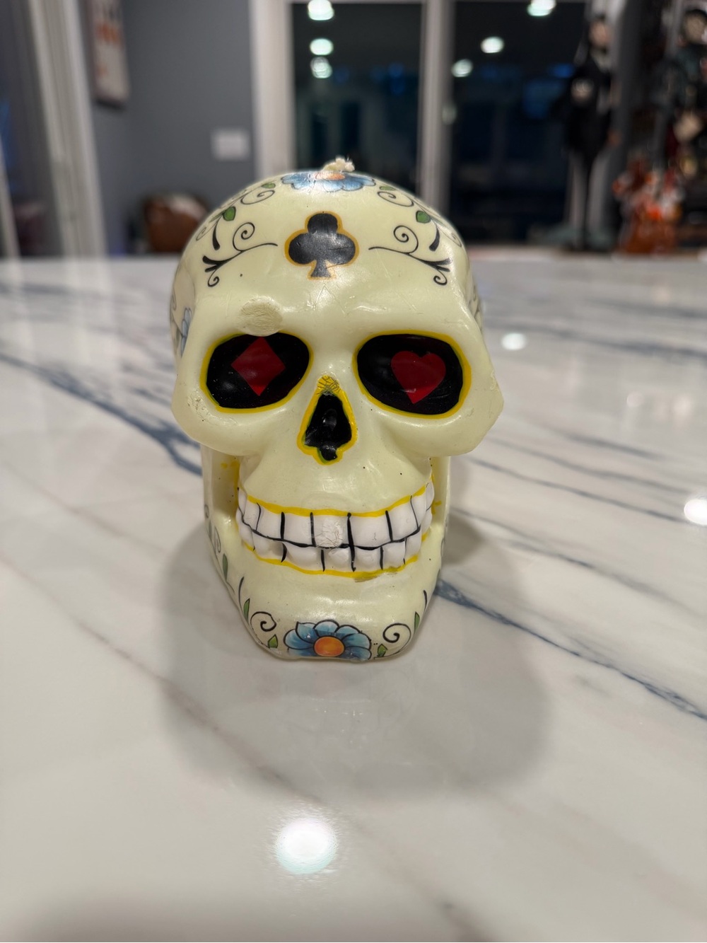 Day of the Dead Sugar Skull Candle Dis De Los Muertos Decor w/Playing Card Motif